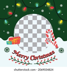 design a frame template for your photo to celebrate Christmas with family and relatives, with a classic green theme, cherries and colorful decorative lights