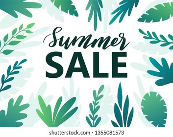 Design frame for your text with flat tropical exotic leaves on white background. Summer sale text. Hawaiian style. Perfect template for invitation, poster, banner etc. Vector illustration
