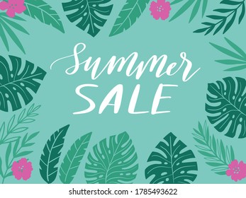 Design frame for your text with flat tropical exotic leaves on white background. Summer lettering. Hawaiian style. Perfect template for invitation, poster, banner etc. Vector illustration