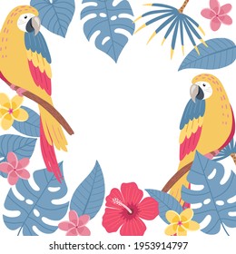 Design frame for your text with flat parrots and tropical exotic leaves. Tropic background. Hawaiian style. Perfect template for invitation, poster, banner etc. Vector illustration