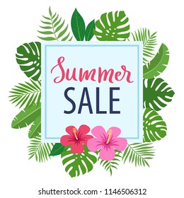 Design frame for your text with tropical exotic leaves and flowers of hibiscus. Summer sale text. Hawaiian style. Perfect template for invitation, poster, banner etc. Vector illustration