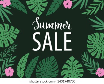Design frame for your text with tropical exotic leaves. Summer sale text. Hawaiian style. Perfect template for invitation, poster, banner, label etc. Vector illustration