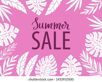 Design frame for your text with tropical exotic leaves. Summer sale text. Hawaiian style. Perfect template for invitation, poster, banner, label etc. Vector illustration