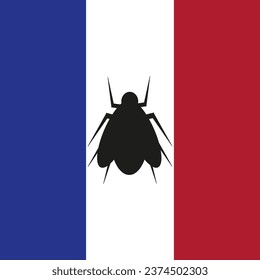 Drapeau de la France avec silhouette de Bedbug noir. Invasion de coléoptères à Paris. Concept anti-assainissement en France. Illustration vectorielle. 