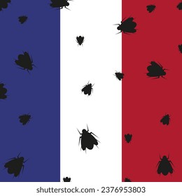 Design France flag with black Bedbug silhouette. Invasion of beetles in Paris. Anti-sanitation in France concept. Vector illustration. 