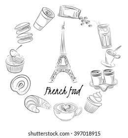 Design of french breakfast. Eiffel Tower, coffee and croissants.