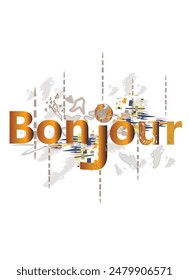 Design  with french lettering Bonjour and floral pattern, planet Earth. Hand drawn vector illustration.