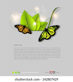 Design of a fresh leaves vector background template  with monarch butterflies