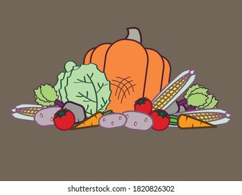 Design with fresh vegetables isolated on brown background. Autumn harvest. Potato, tomato, carrot, pumpkin, beets, carrots, cabbage, corn. Healthy Vegetarian Food.