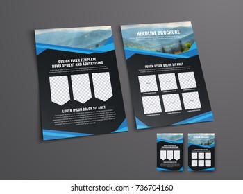 Design the front and back pages of the black flyer with a place for the photo and abstract tangled lines. Universal brochure template for business advertising