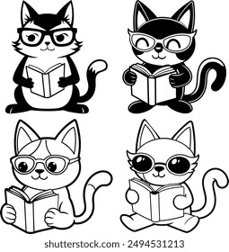 Diseña una divertida y caprichosa ilustración de un gato leyendo un libro mientras lleva gafas de sol. El diseño debe ser juguetón y entrañable, capturando la naturaleza peculiar y curiosa de los gatos.