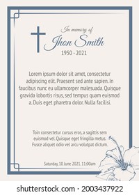 Design for funeral card, in beige, blue-gray, brown. With a rectangular frame and an illustrated flower in one corner