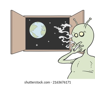 Design of funny alien smoking and planet