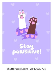 Design of funny card with kittens' paws and comic phrase. Cute cats gesturing peace, victory sign, greeting. Template of postcard with adorable kitties, hearts on background. Flat vector illustration