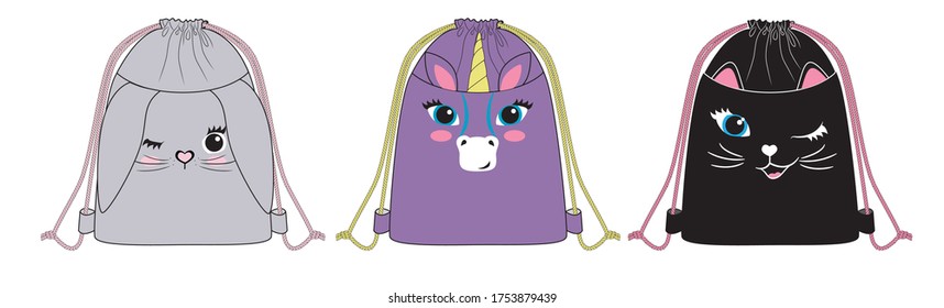 Design funny cloth backpack bag for kids vector illustration sketch