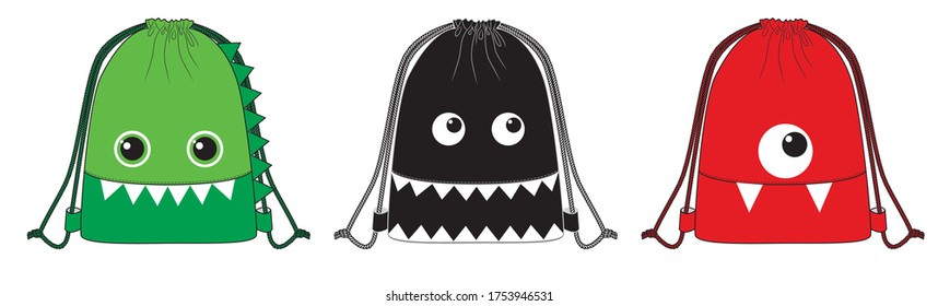 Design funny cloth backpack bag for kids boys with monsters faces vector illustration sketch