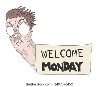 Design of funny crazy face and monday message