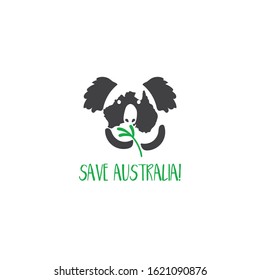 Design of funny cute little koala with eucalyptus leaf and text "Save Australia" for t-shirt,banners,etc.Vector illustration