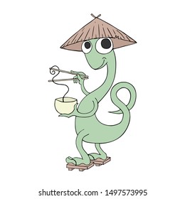 Design of funny lizard eating noodless