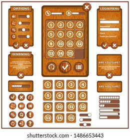 Design of the game user interface. Barley-break. A set of items. Wood texture. Isolated on white background. Vector illustration.