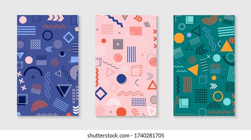 Diseño de fondo abstracto geométrico. Patrón Memphis con líneas, formas, elementos gráficos. Afiche moderno para hipster de los 80, 90. Textura retro con estilo pop. Plantilla para ornamento, banner. Vector