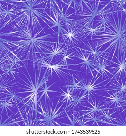 The design of geometric burst lines forms bright stars on a blue background. Seamless pattern.