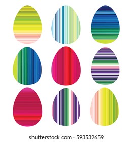 Design Geometric decorative egg set. Happy Easter card, illustration with colorful eggs. Wave stripe optical effect elements. Colorful abstract motives. Vibrant pattern for textile, paper, web design