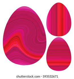 Design Geometric decorative egg set. Happy Easter card, illustration with colorful eggs. Wave stripe optical effect elements. Red Sunset sky motives. Abstract pattern for textile, paper, web design