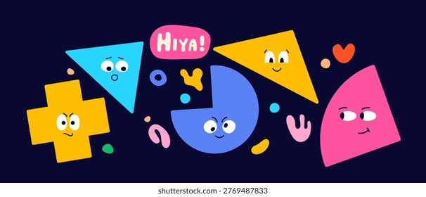 Design with geometric figure faces and hiya text on blue background. Color shapes with tiny elements.