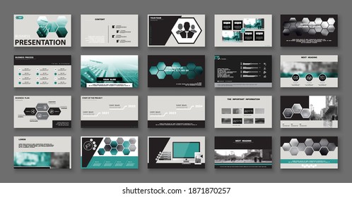 Design geometric hexagons business presentation template, green, black infographic elements on white background. Use in flyers and SEO-marketing, webinar pages, website, banner, annual report. Vector