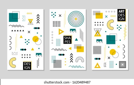 Design geometric poster with abstract memphis shapes. Geometric pattern texture with lines, grid, circles for poster, social media. Graphic pattern with halftone dots. Minimal geometry banner. vector