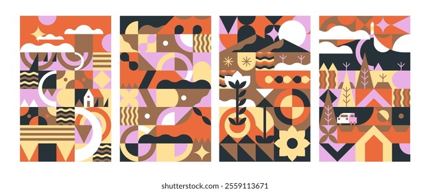 Design of geometric posters of rural nature set. Abstract countryside landscape, stylized farm sceneries in cubist style. Modern interior decoration, contemporary wall art. Flat vector illustrations