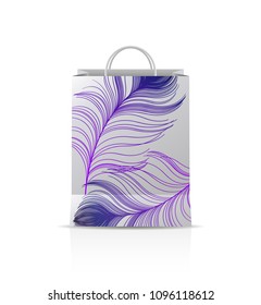 Design of gift bag with print of colorful peacock feathers