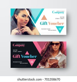 Design of a gift black and white voucher. A template of a card with triangular design elements and a place for a photo. Blurred image of the girls for the sample.