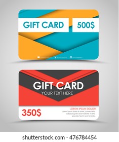 Design of the gift card with a different nominal. A multi-colored template in style of material design. Vector illustration. Set