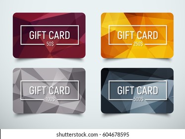 Design a gift card with a frame for text and denomination. Templates with a polygonal abstract background for bronze, silver, gold and platinum levels. Vector illustration