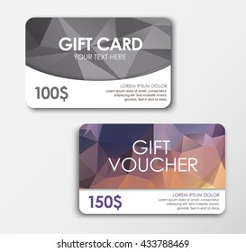 Design gift card and voucher  silver and colored polygonal ,  face value of $ 10, 150. Vector illustration. Set