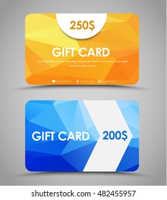 Design gift cards of different values. Templates with a yellow and blue background polygon and arrow. Set