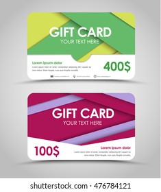 Design of gift cards with green, yellow, claret and violet sheets of paper. a template in style of material design. Vector illustration. Set