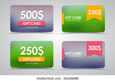 Design gift cards on blurred background with ribbons. Vector illustration. Set.