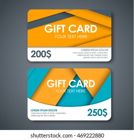 Design gift cards in the style of the material design. Templates of different colors and dollar denomination. Set