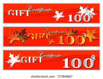 Design of gift certificate, voucher. Maple leaves on original orange background. Paper cut out style vector illustration.