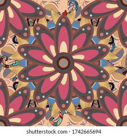 Design gift wrapping paper, greeting cards, posters and banner design. Flowers on beige, brown and gray colors. Vector flat flowers seamless pattern.