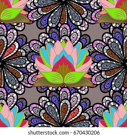 Design gift wrapping paper, greeting cards, posters and banner design. Flowers on colorful background. Vector flat flowers seamless pattern.
