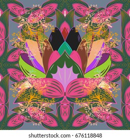Design gift wrapping paper, greeting cards, posters and banner design. Flowers on colorful background. Vector flat flowers seamless pattern.
