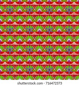 Design gift wrapping paper, greeting cards, posters and banner design. Flowers on red, green and gray colors. Vector flat flowers seamless pattern.