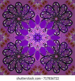 Design gift wrapping paper, greeting cards, posters and banner design. Flowers on violet, black and pink colors. Vector flat flowers seamless pattern.
