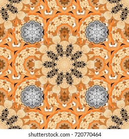 Design gift wrapping paper, greeting cards, posters and banner design. Flowers on beige, orange and white colors. Vector flat flowers seamless pattern.