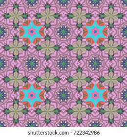 Design gift wrapping paper, greeting cards, posters and banner design. Flowers on pink, neutral and blue colors. Vector flat flowers seamless pattern.