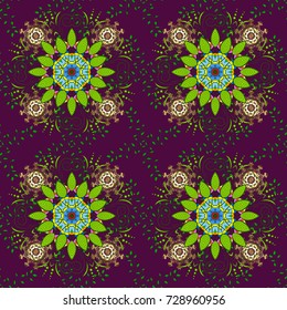 Design gift wrapping paper, greeting cards, posters and banner design. Flowers on purple, green and brown colors. Vector flat flowers seamless pattern.
